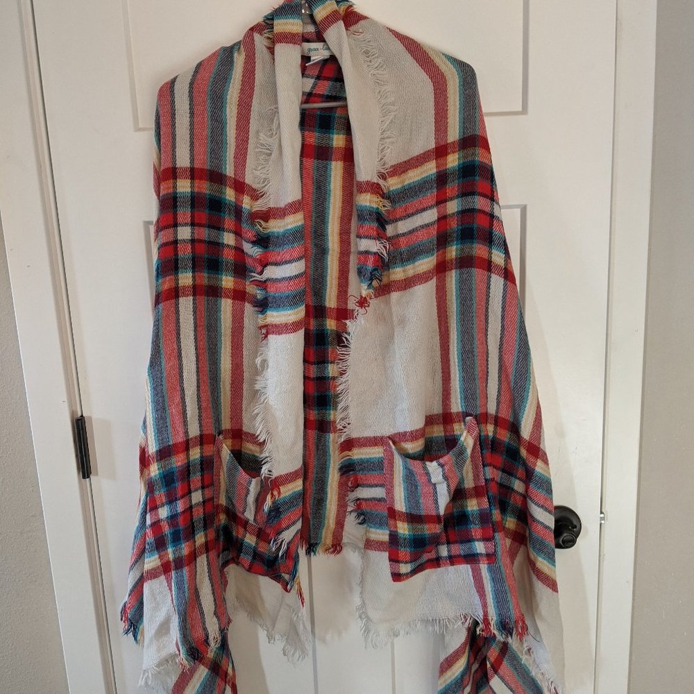 Plaid poncho with pockets